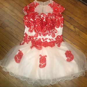 Red and cream dress with tulle